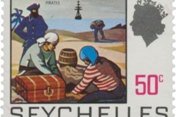 Сейшелы почтовая марка с пиратами, Сейшельские острова старая почтовая марка
